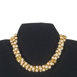 Twisted Choker Necklace in White and Gold Tone Beads